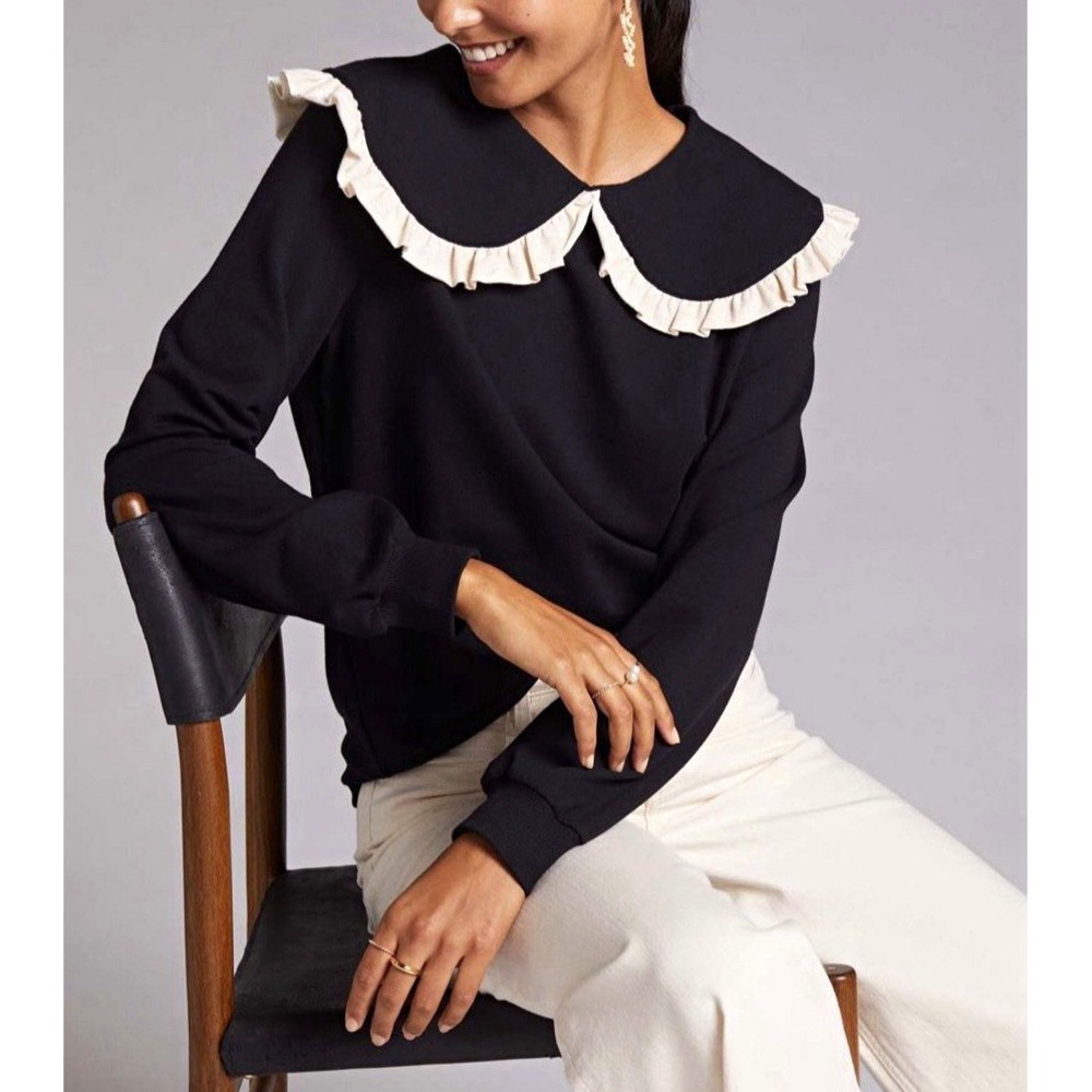 Anthropologie Current Air Los Angeles Black Ruffle Collar Peter Pan Sweatshirt S